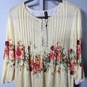 NWOT Just Fashion Now Yellow w Rose Print Pleated Top Blouse SZ Lrg